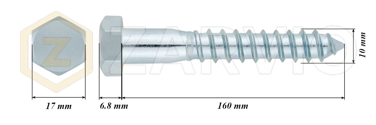 10mm x 160mm Hex Head Coach Screw – Partially Threaded, Zinc Plated, DIN 571
