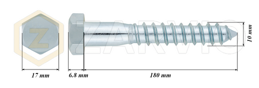 10mm x 180mm Hex Head Coach Screw – Partially Threaded, Zinc Plated, DIN 571