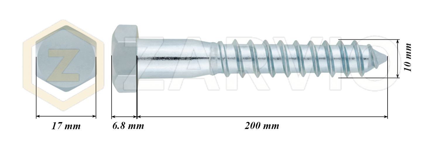 10mm x 200mm Hex Head Coach Screw – Partially Threaded, Zinc Plated, DIN 571