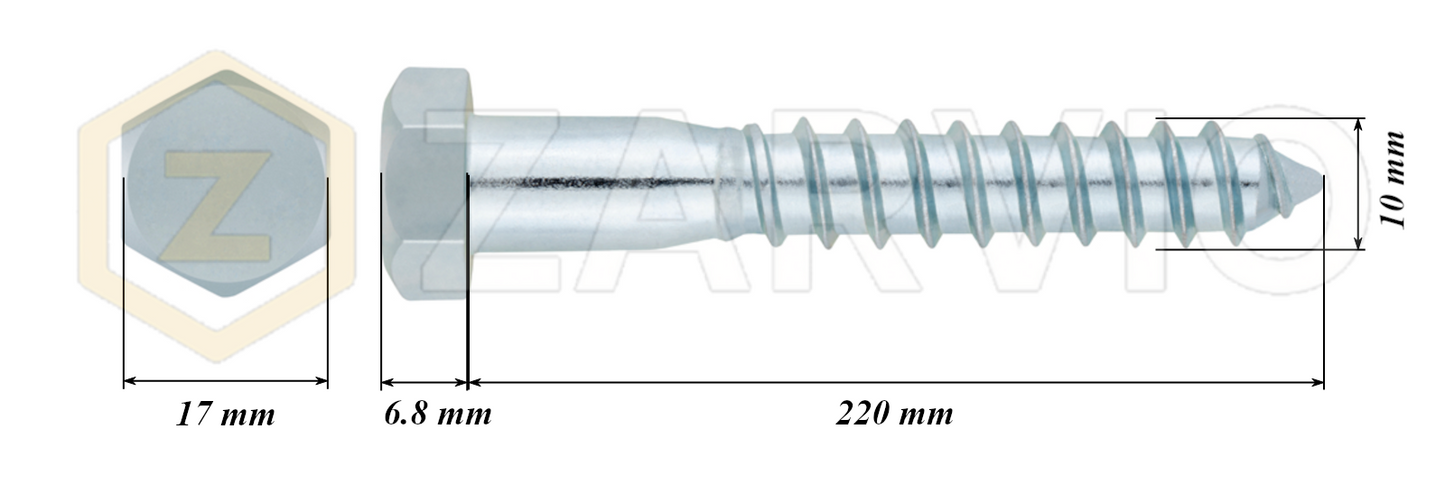 10mm x 220mm Hex Head Coach Screw – Partially Threaded, Zinc Plated, DIN 571