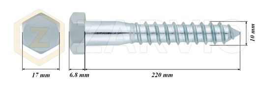 10mm x 220mm Hex Head Coach Screw – Partially Threaded, Zinc Plated, DIN 571