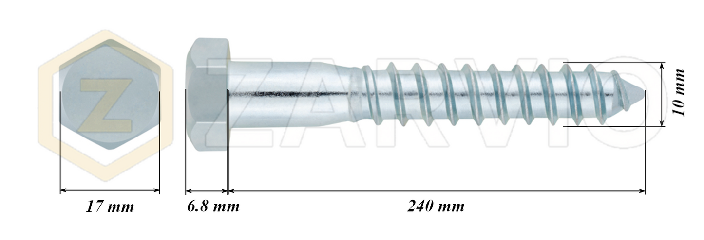 10mm x 240mm Hex Head Coach Screw – Partially Threaded, Zinc Plated, DIN 571