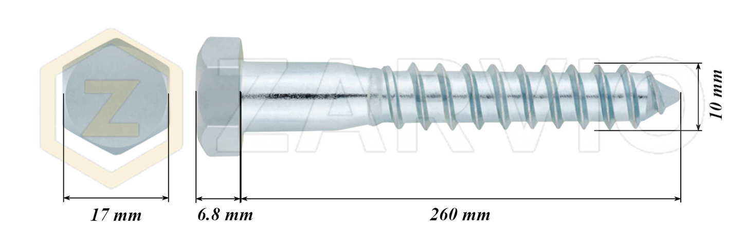 10mm x 260mm Hex Head Coach Screw – Partially Threaded, Zinc Plated, DIN 571