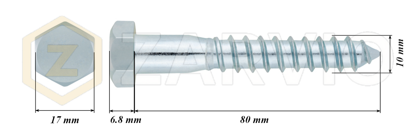 10mm x 80mm Hex Head Coach Screw – Partially Threaded, Zinc Plated, DIN 571