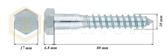 10mm x 80mm Hex Head Coach Screw – Partially Threaded, Zinc Plated, DIN 571