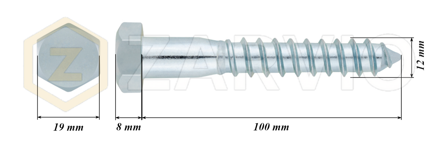 12mm x 100mm Hex Head Coach Screw – Partially Threaded, Zinc Plated, DIN 571