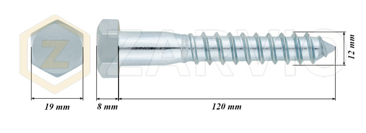 12mm x 120mm Hex Head Coach Screw – Partially Threaded, Zinc Plated, DIN 571