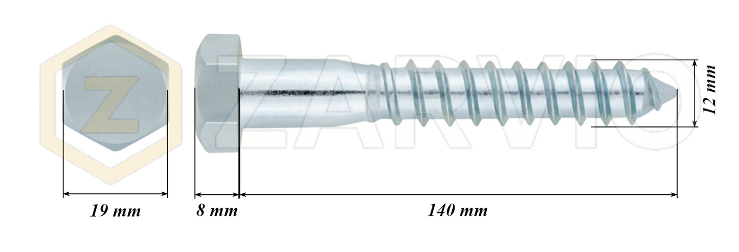 12mm x 140mm Hex Head Coach Screw – Partially Threaded, Zinc Plated, DIN 571