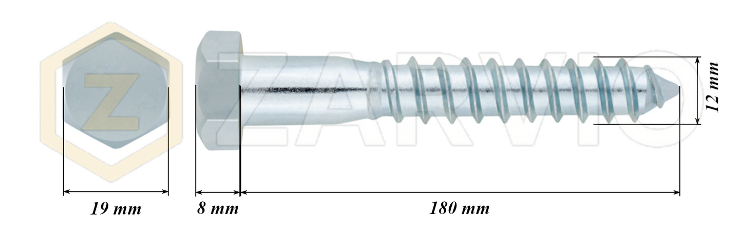 12mm x 180mm Hex Head Coach Screw – Partially Threaded, Zinc Plated, DIN 571