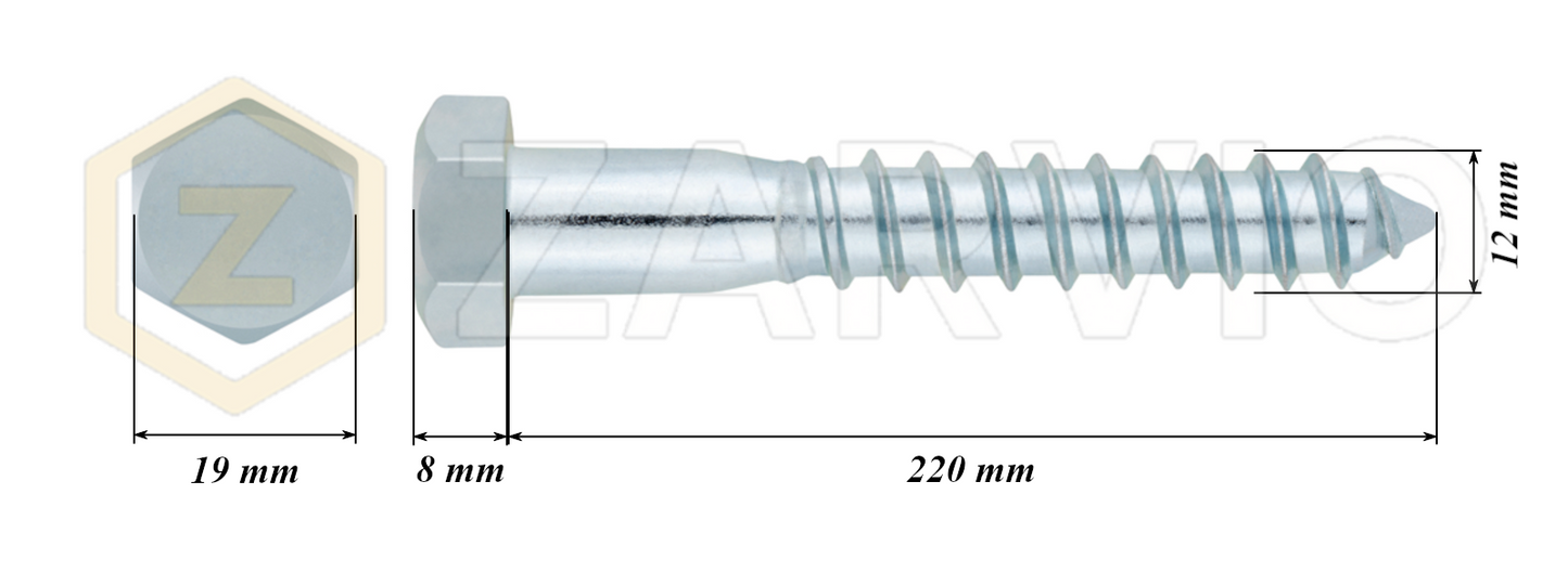 12mm x 220mm Hex Head Coach Screw – Partially Threaded, Zinc Plated, DIN 571