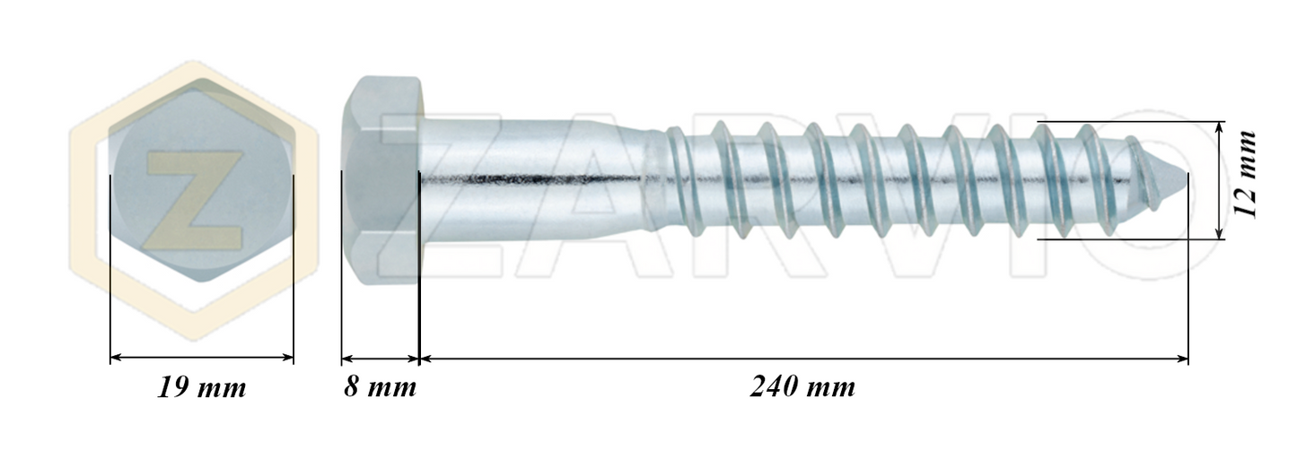 12mm x 240mm Hex Head Coach Screw – Partially Threaded, Zinc Plated, DIN 571