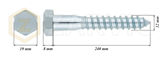 12mm x 240mm Hex Head Coach Screw – Partially Threaded, Zinc Plated, DIN 571