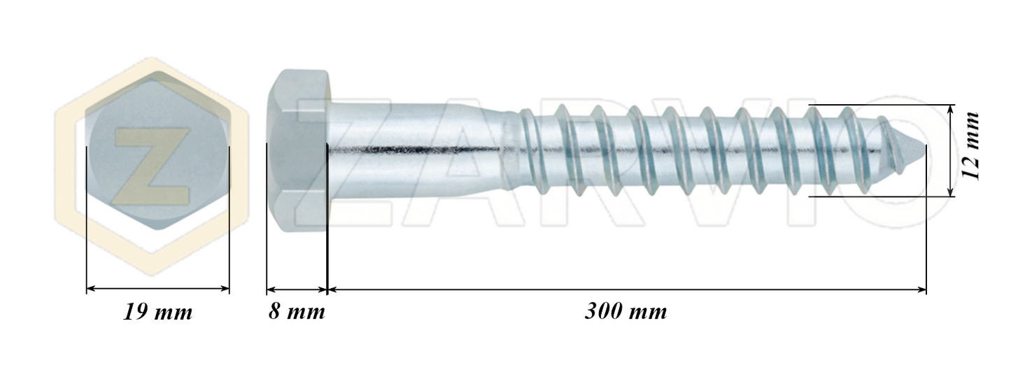 12mm x 300mm Hex Head Coach Screw – Partially Threaded, Zinc Plated, DIN 571