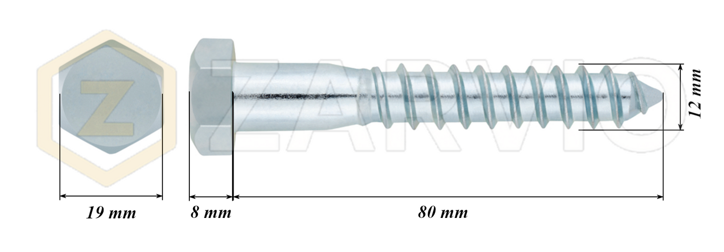 12mm x 80mm Hex Head Coach Screw – Partially Threaded, Zinc Plated, DIN 571