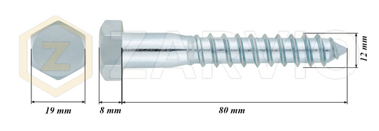 12mm x 80mm Hex Head Coach Screw – Partially Threaded, Zinc Plated, DIN 571