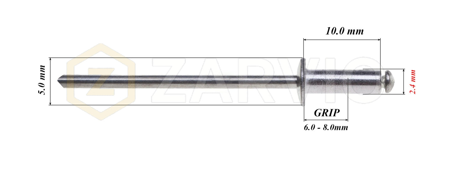 2.4mm x 10mm Flat head blind rivet, aluminum-steel