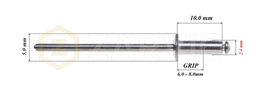 2.4mm x 10mm Flat head blind rivet, aluminum-steel