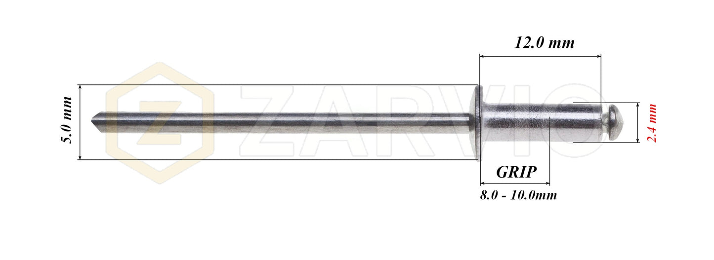 2.4mm x 12mm Flat head blind rivet, aluminum-steel