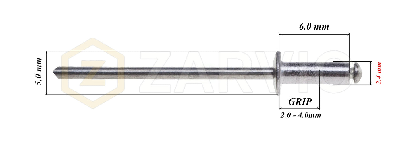 2.4mm x 6mm Flat head blind rivet, aluminum-steel