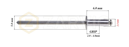 2.4mm x 6mm Flat head blind rivet, aluminum-steel