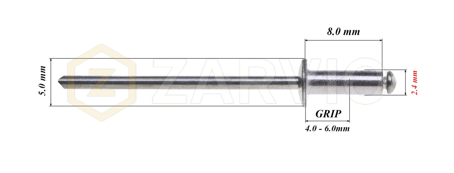 2.4mm x 8mm Flat head blind rivet, aluminum-steel