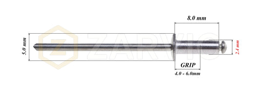 2.4mm x 8mm Flat head blind rivet, aluminum-steel