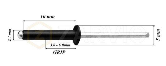 2.4mm x 10mm Black Blind Rivets ALU/STEEL Dome Head Pop Rivets – Aluminium Body Steel Mandrel