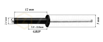 2.4mm x 12mm Black Blind Rivets ALU/STEEL Dome Head Pop Rivets – Aluminium Body Steel Mandrel