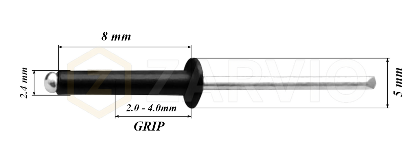 2.4mm x 8mm Black Blind Rivets ALU/STEEL Dome Head Pop Rivets – Aluminium Body Steel Mandrel