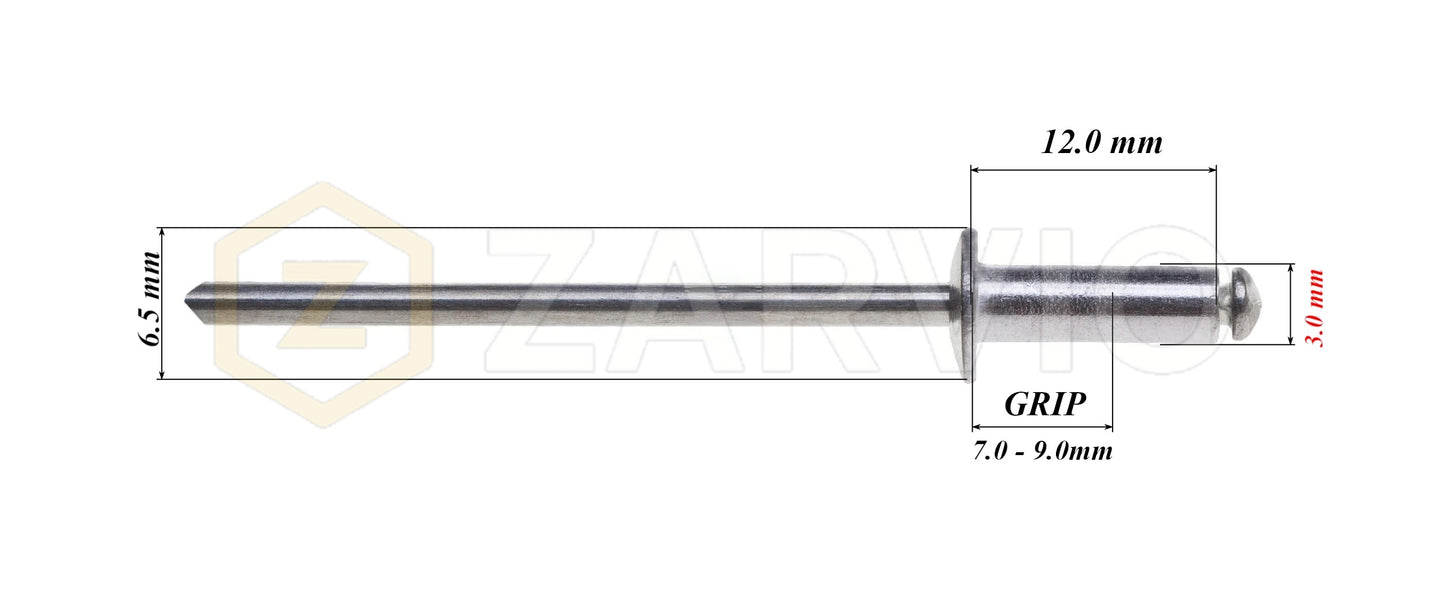 3.0mm x 12mm Flat head blind rivet, aluminum-steel