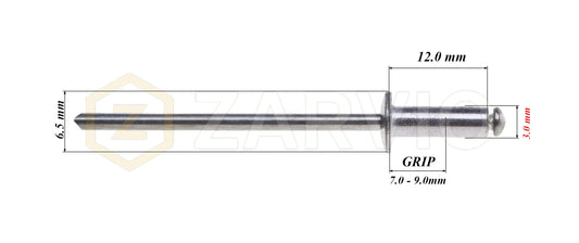 3.0mm x 12mm Flat head blind rivet, aluminum-steel