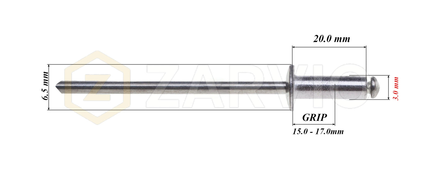 3.0mm x 20mm Flat head blind rivet, aluminum-steel