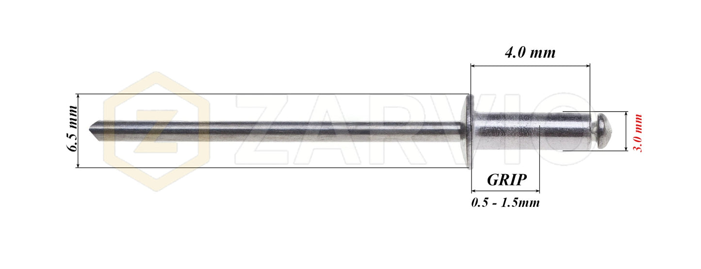 3.0mm x 4mm Flat head blind rivet, aluminum-steel