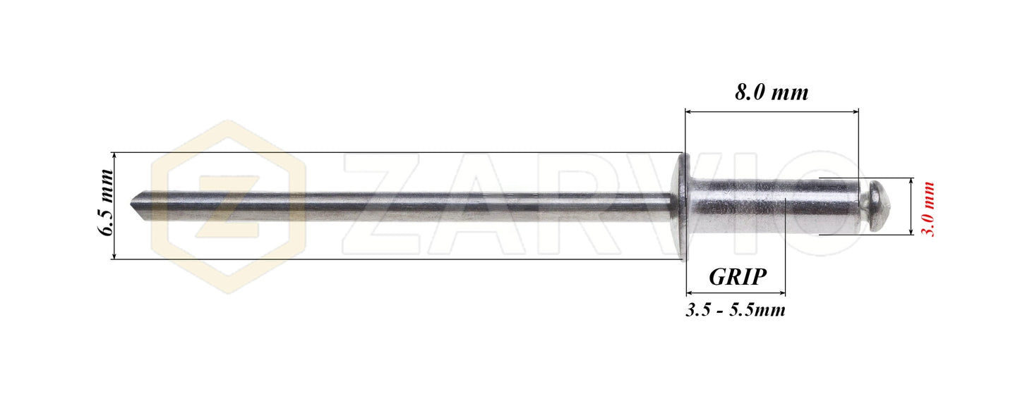 3.0mm x 8mm Flat head blind rivet, aluminum-steel