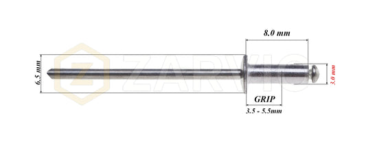 3.0mm x 8mm Flat head blind rivet, aluminum-steel