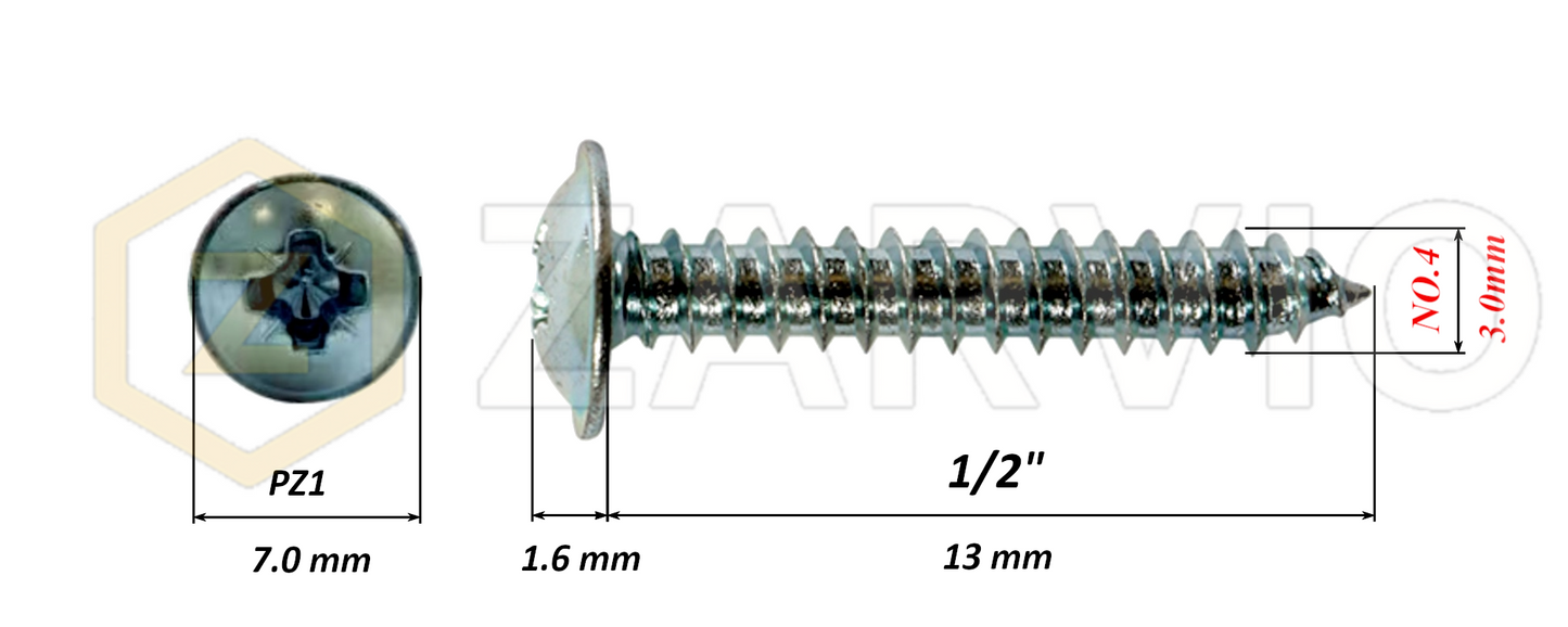 3.0mm x 13mm → (No.4 x 1/2") Wood Screw with Washer Head Fully Threaded Zinc Plated