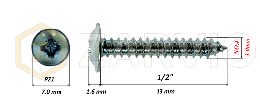 3.0mm x 13mm → (No.4 x 1/2") Wood Screw with Washer Head Fully Threaded Zinc Plated
