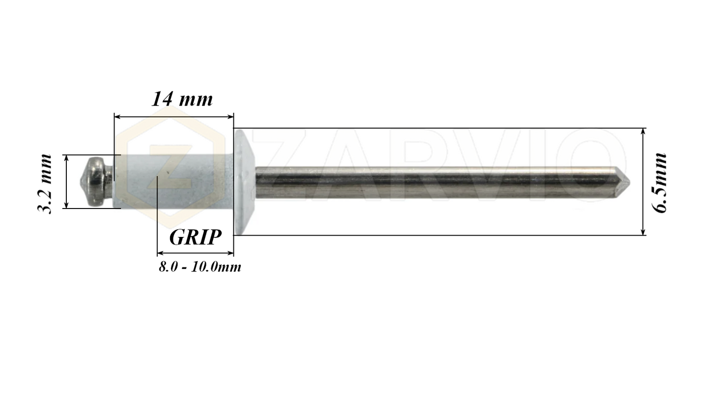 3.2mm x 14mm White Blind Rivets ALU/STEEL Dome Head Pop Rivets – Aluminium Body Steel Mandrel