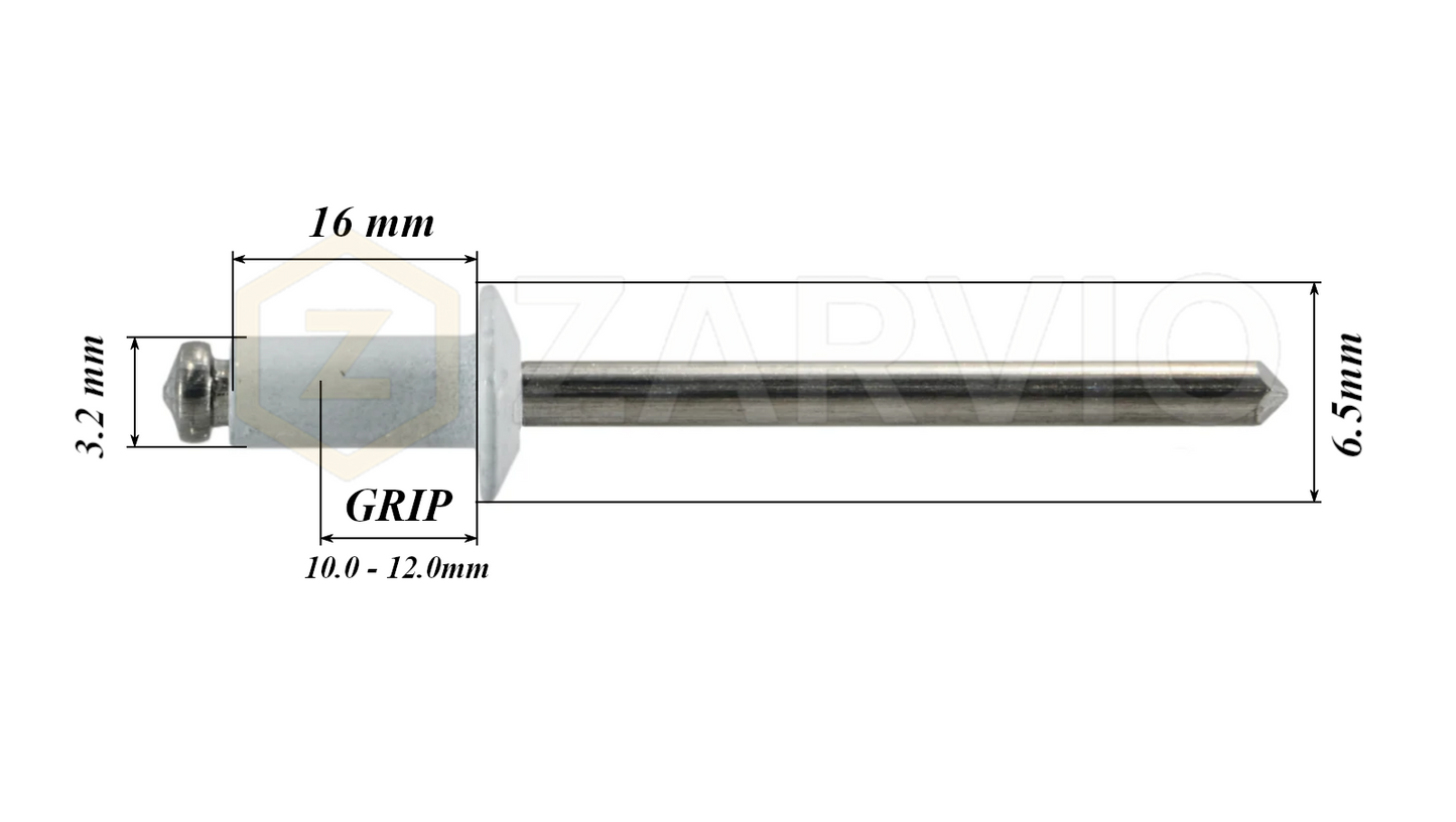 3.2mm x 16mm White Blind Rivets ALU/STEEL Dome Head Pop Rivets – Aluminium Body Steel Mandrel