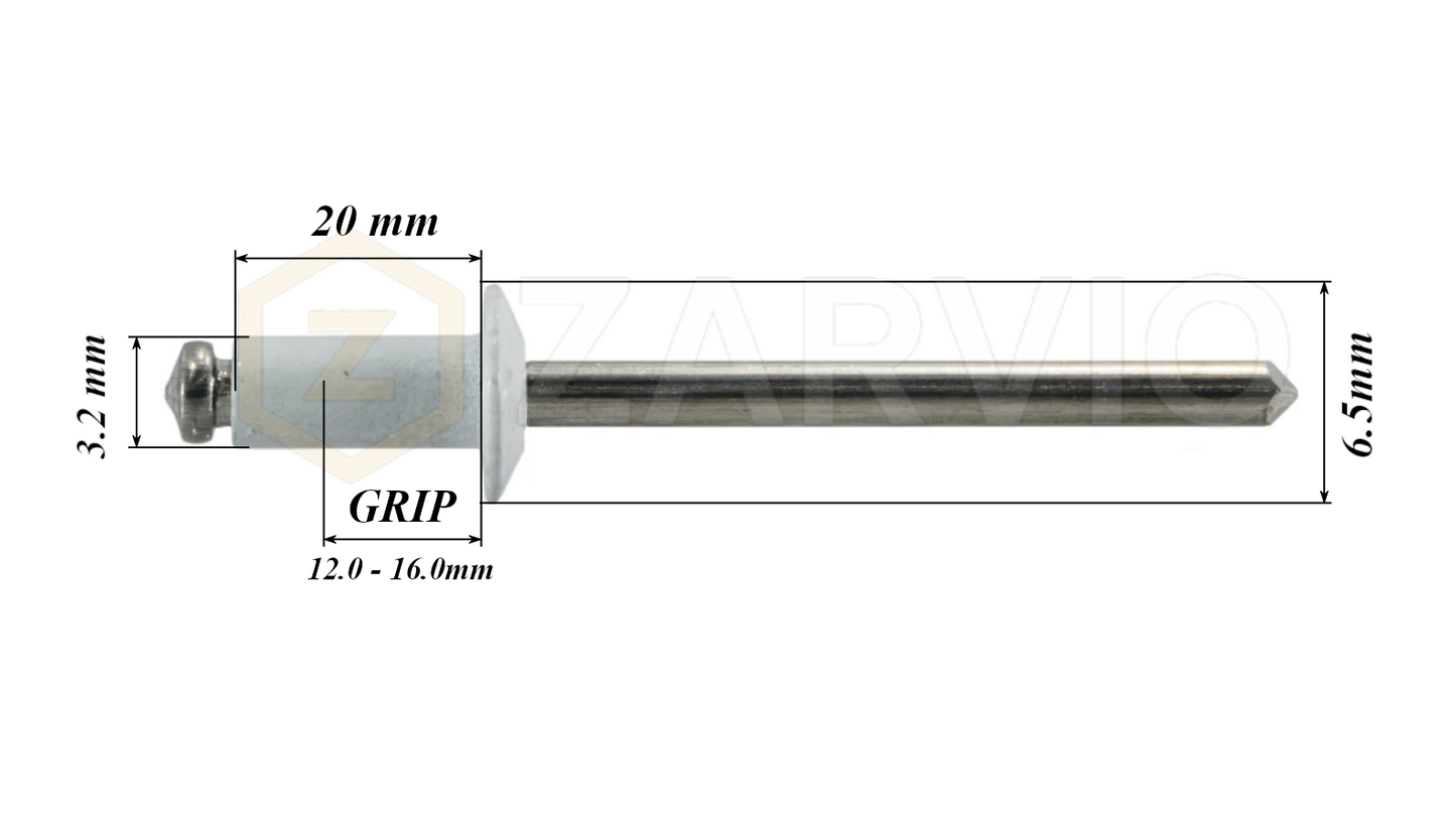 3.2mm x 20mm White Blind Rivets ALU/STEEL Dome Head Pop Rivets – Aluminium Body Steel Mandrel
