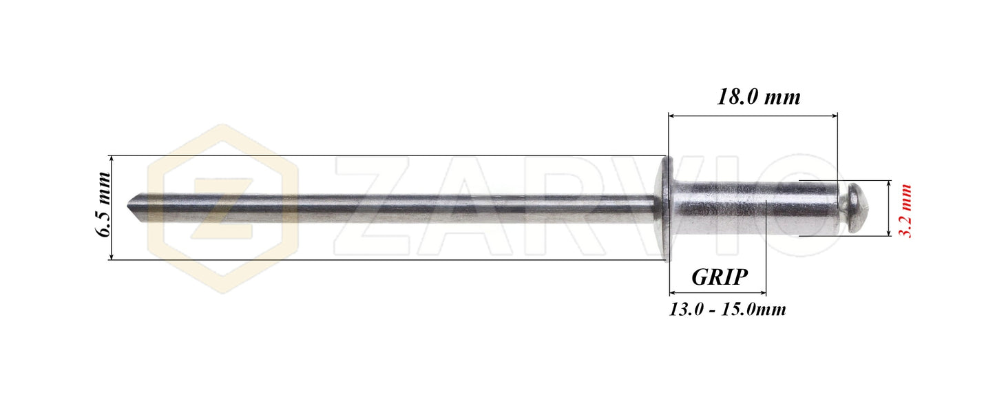 3.2mm x 18mm Flat head blind rivet, aluminum-steel