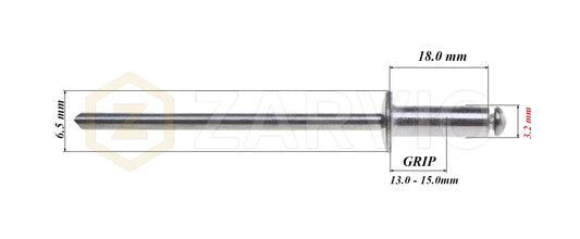 3.2mm x 18mm Flat head blind rivet, aluminum-steel