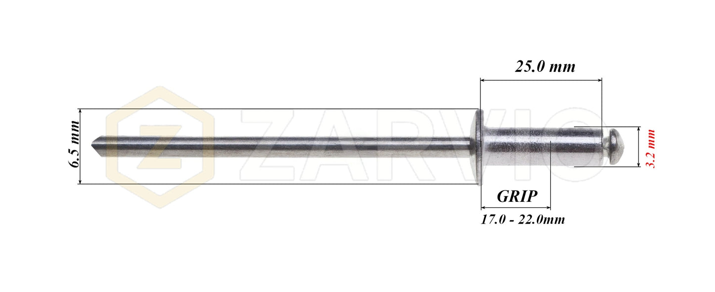 3.2mm x 25mm Flat head blind rivet, aluminum-steel