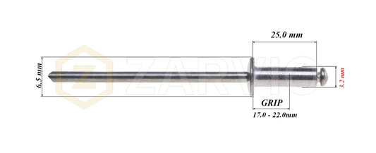 3.2mm x 25mm Flat head blind rivet, aluminum-steel