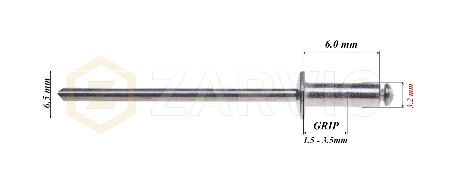 3.2mm x 6mm Flat head blind rivet, aluminum-steel