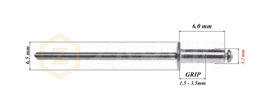 3.2mm x 6mm Flat head blind rivet, aluminum-steel