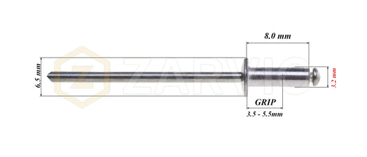 3.2mm x 8mm Flat head blind rivet, aluminum-steel