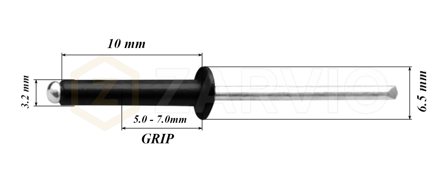3.2mm x 10mm Black Blind Rivets ALU/STEEL Dome Head Pop Rivets – Aluminium Body Steel Mandrel