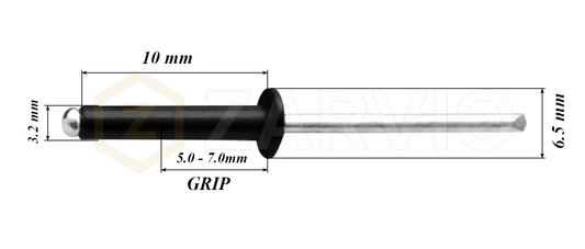 3.2mm x 10mm Black Blind Rivets ALU/STEEL Dome Head Pop Rivets – Aluminium Body Steel Mandrel
