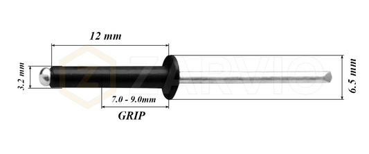 3.2mm x 12mm Black Blind Rivets ALU/STEEL Dome Head Pop Rivets – Aluminium Body Steel Mandrel
